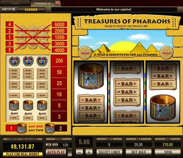 Screenshot of 5 payline Treasures of Pharaohs Slots from Top Game