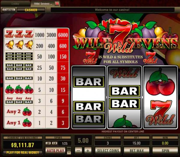 Screenshot of 1 payline Wild Sevens Slots from Top Game