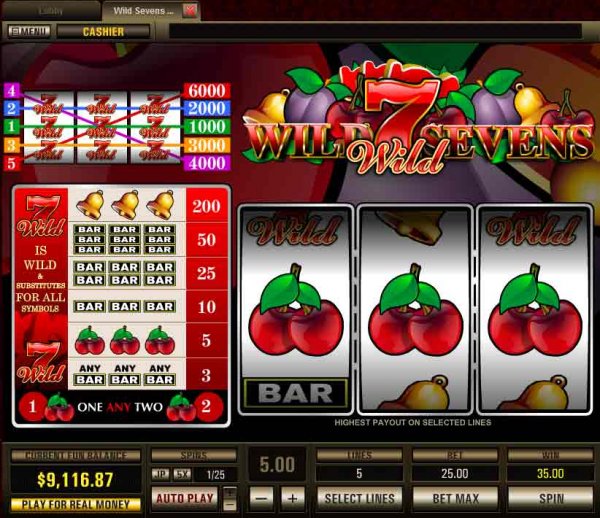 Screenshot of 5 payline Wild Sevens Slots from Top Game