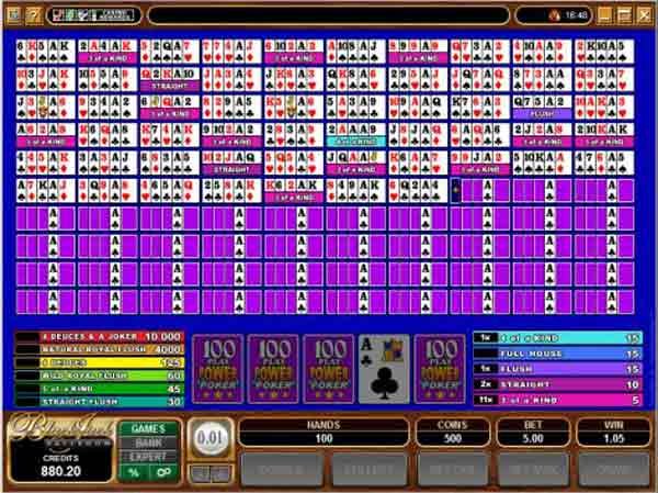 Screenshot of Deuces and Joker Video Poker 100 Hand by Microgaming