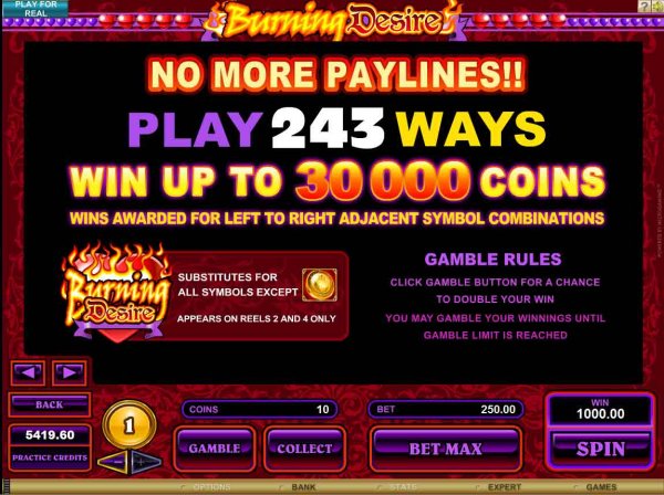 Paytable from Burning Desire Slots from Microgaming