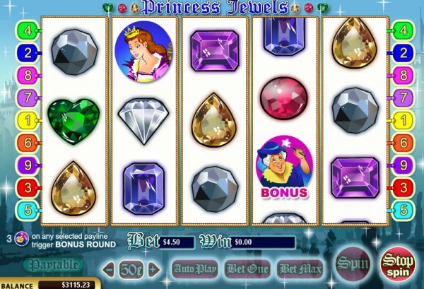 Screenshot of Princess Jewels video slot machine.