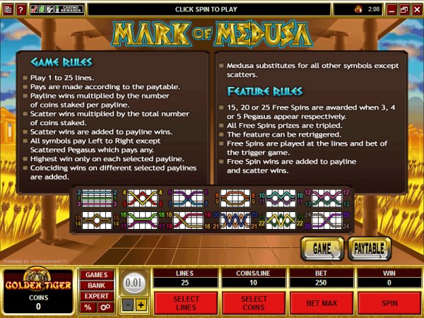 View the Rules for Slots game Mark of Medusa