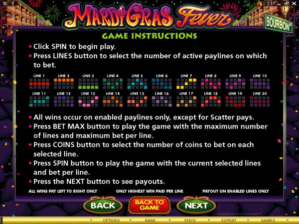 Rules of play in Mard Gras Fever slots