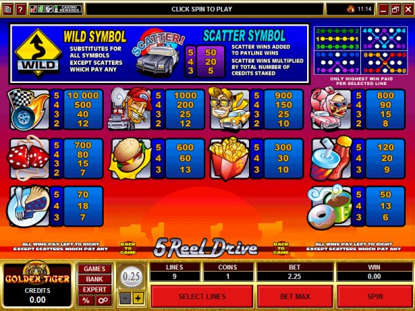 View of the Pay Tables for Five Reel Drive slots