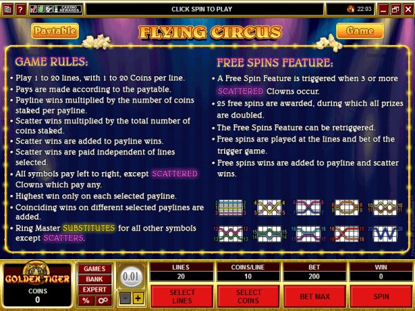 Flying Circus video slots rules
