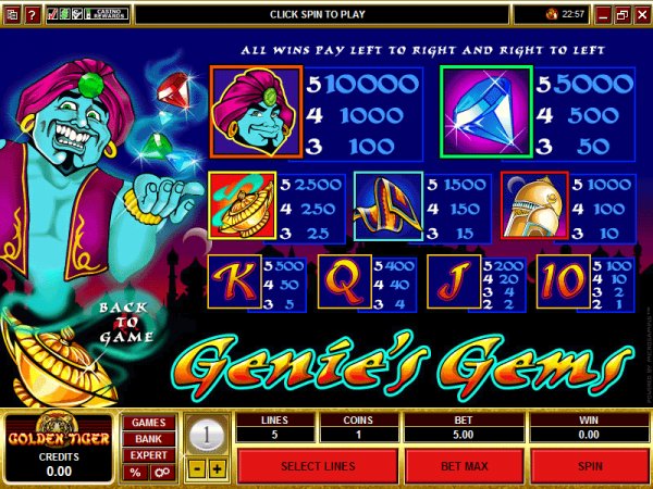 and the pay table for Genies Gems