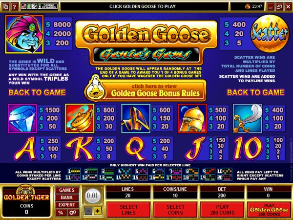 Golden Goose Genies Gems paytable