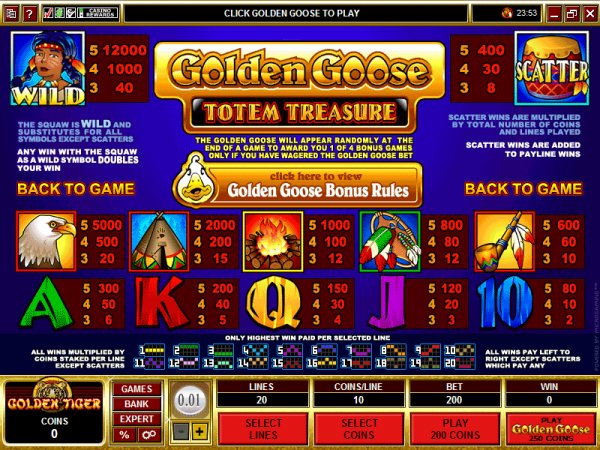 Paytable for Golden Goose Totems Treasure
