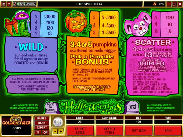 Halloweenies slot payout table
