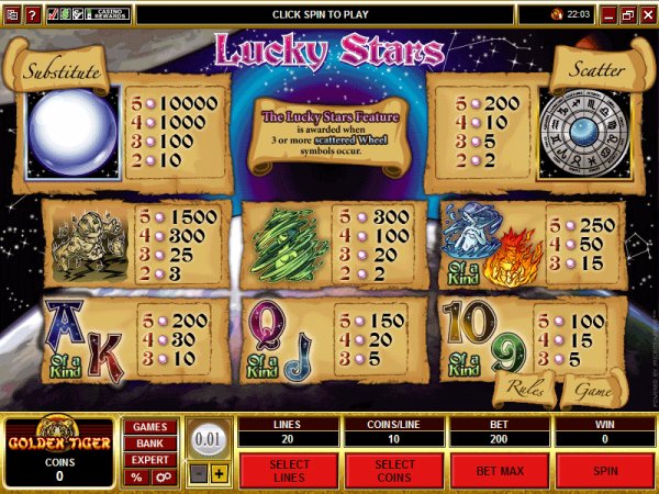 Lucky Stars video slots paytable