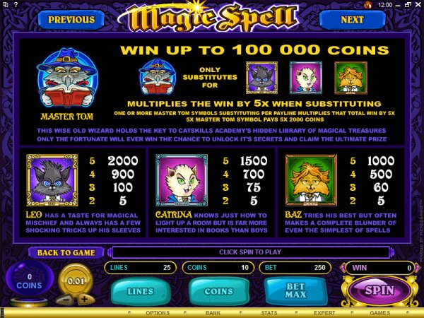 View of the paytable from Magic Spell video slots
