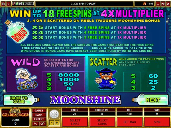 Paytable for Moonshine video slots