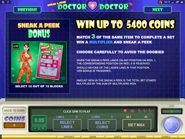 Rules for Sneak a Peek Doctor slot machine