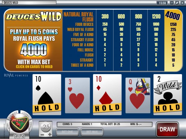 50 hand deuces wild video poker
