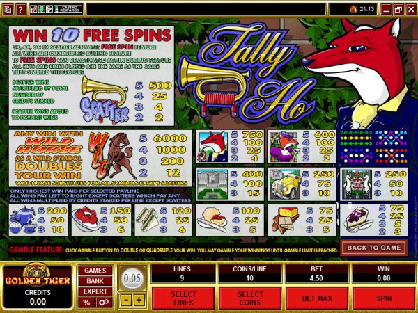 Pay out table for the Tally HO! slots