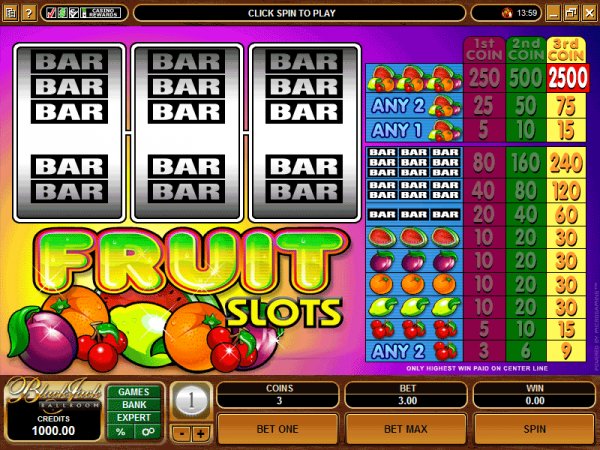 Fruit Slots preview with pay tables.