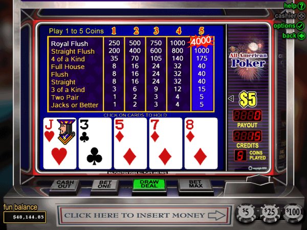 Preview of the All American Poker video poker game