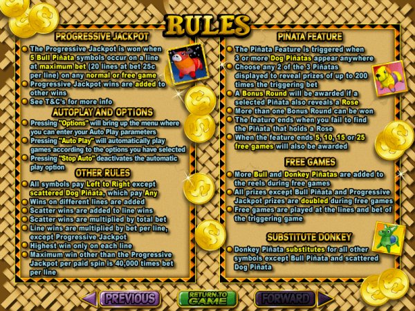 Rules for Jackpot Pinata video slots