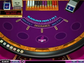 Picture of the pretty blue progressive Blackjack table (by Playtech)